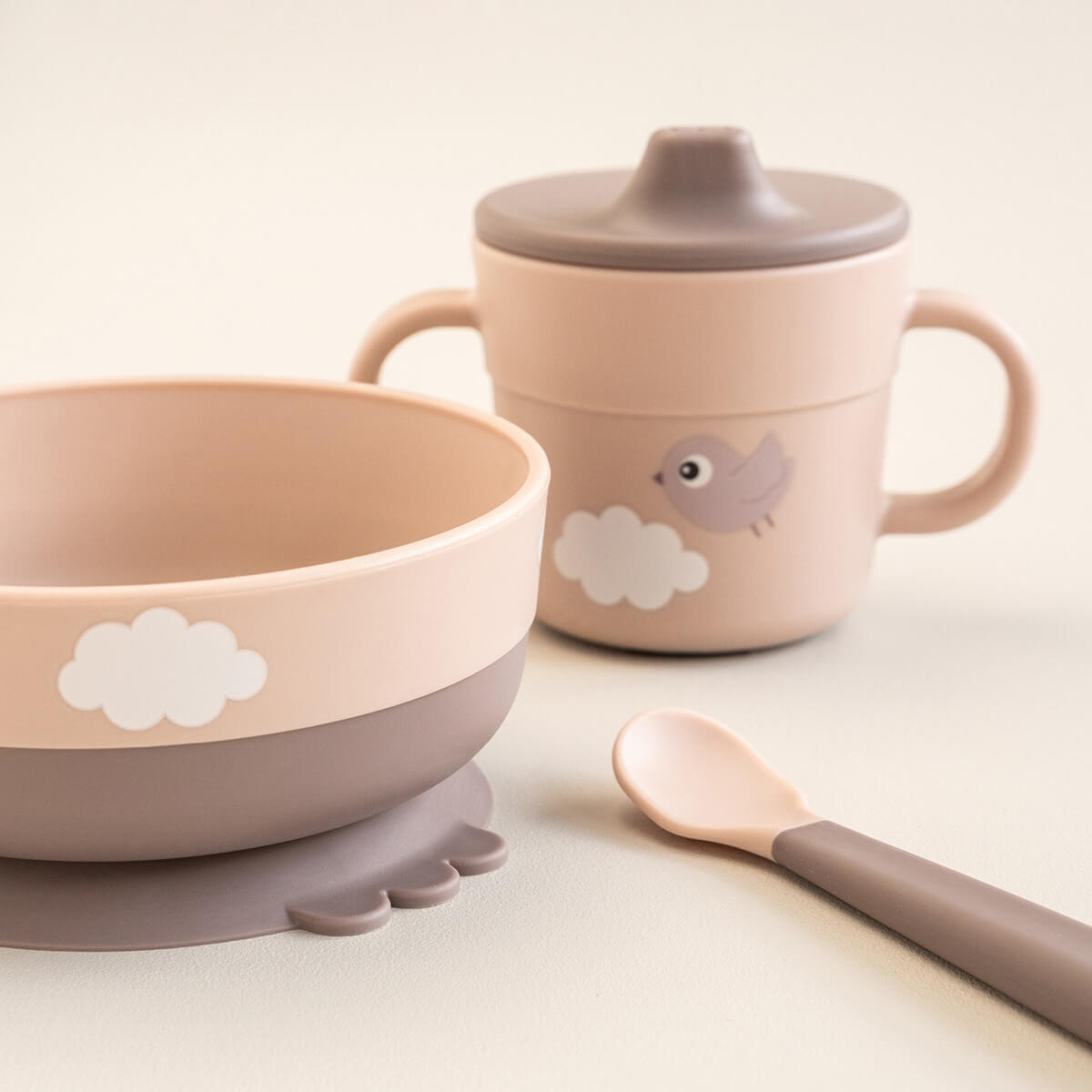 Foodie first meal Geschirr-Set m. Saugfuß - Happy clouds - Rosa