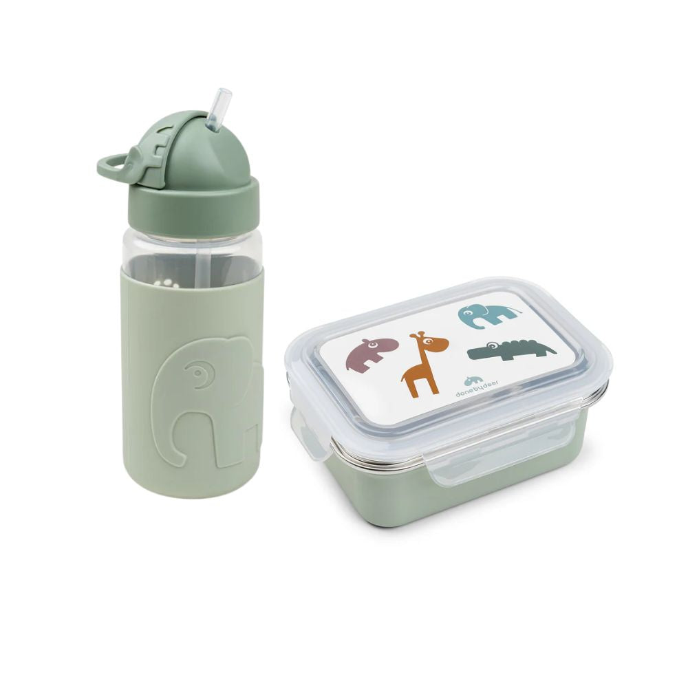 deer friends duo - bottle 350 ml & metal lunchbox - green