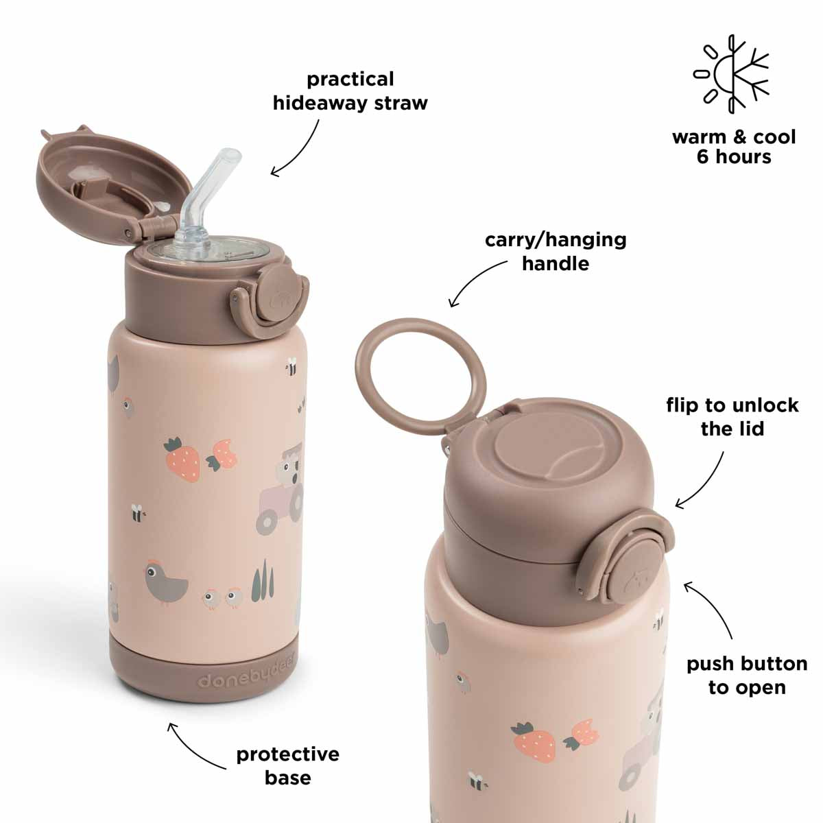 Termoflaske med sugerør – Drikkedunk m/sugerør – Tiny farm – Pudder – 340 ml