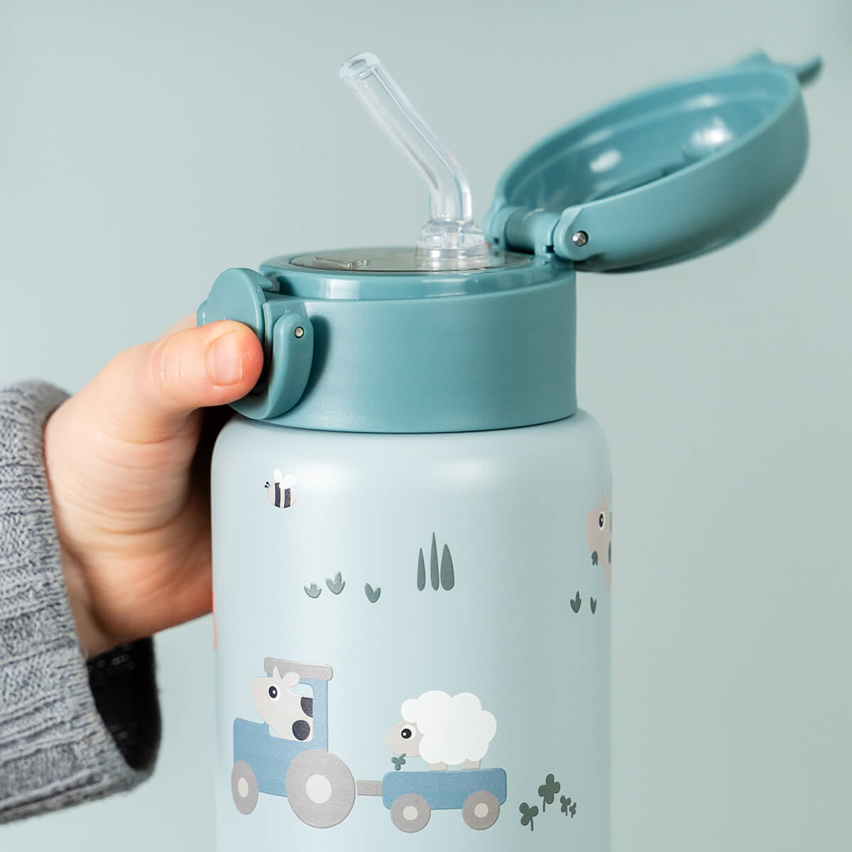 Termoflaske med sugerør – Drikkedunk m/sugerør – Tiny farm – Pudder – 340 ml