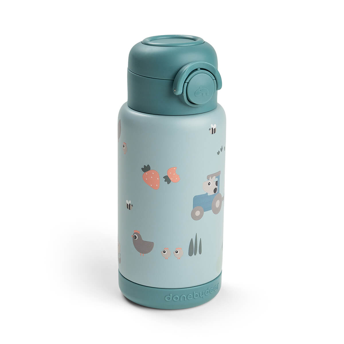 Termoflaske m/sugerør - Tiny farm - Blå 340 ml