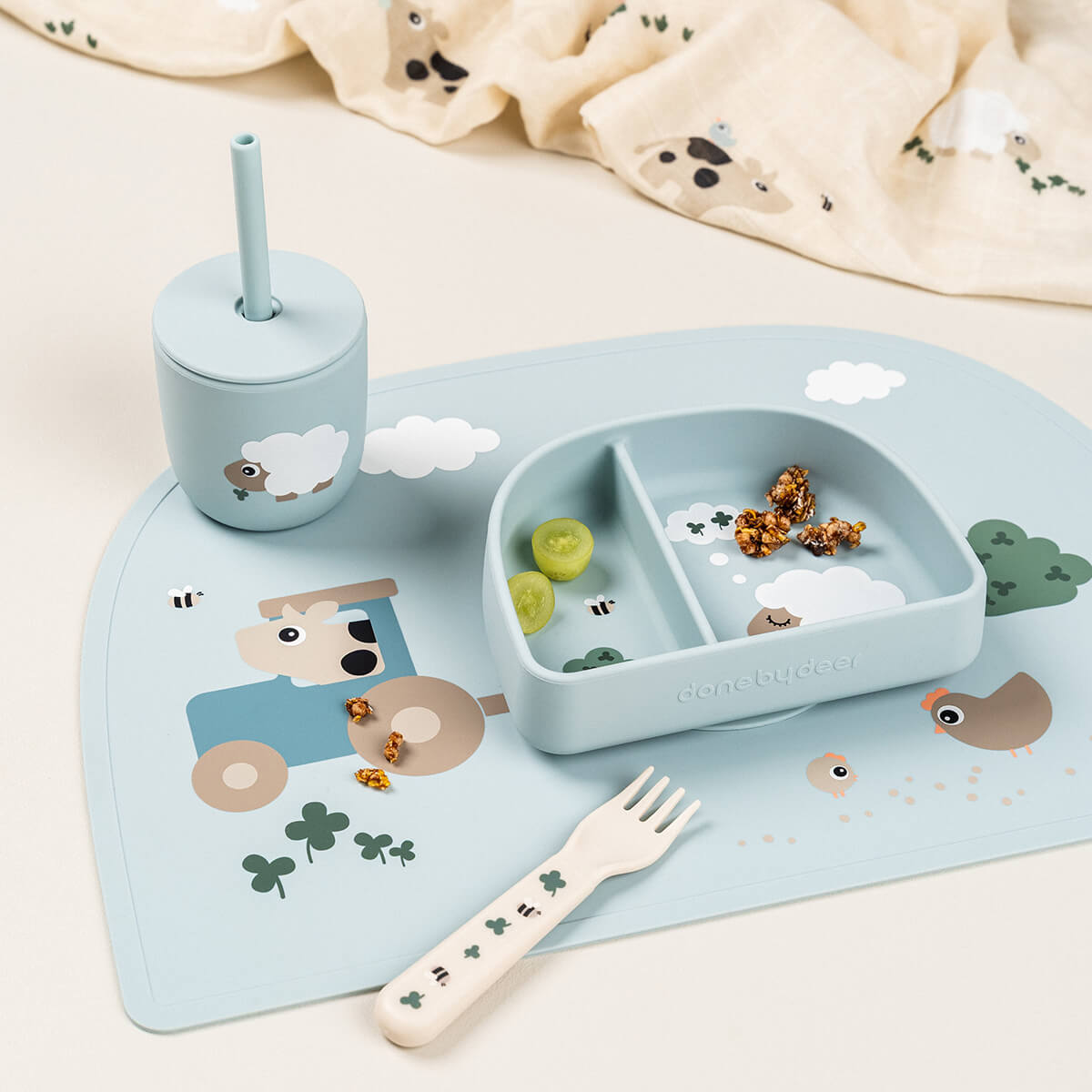 Silicone straw cup 2-pack - Tiny farm - Blue