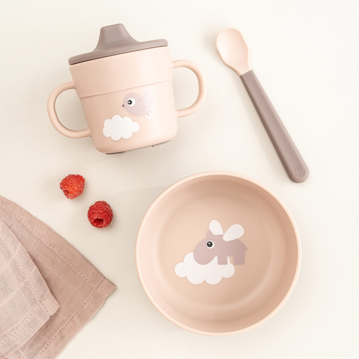 Foodie first meal Geschirr-Set m. Saugfuß - Happy clouds - Rosa