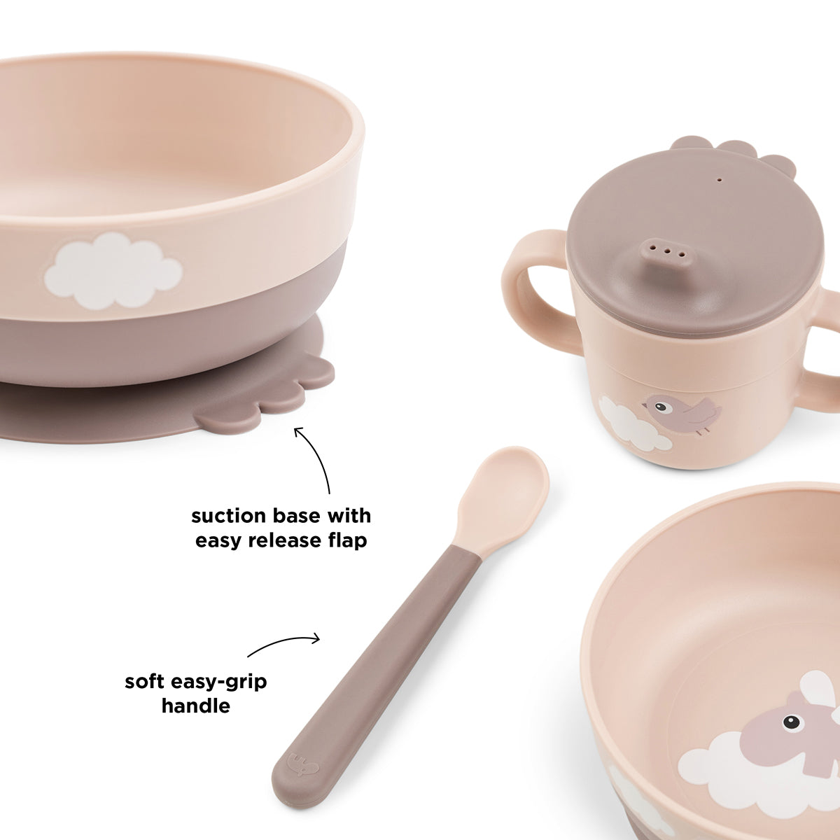 Foodie first meal Geschirr-Set m. Saugfuß - Happy clouds - Rosa