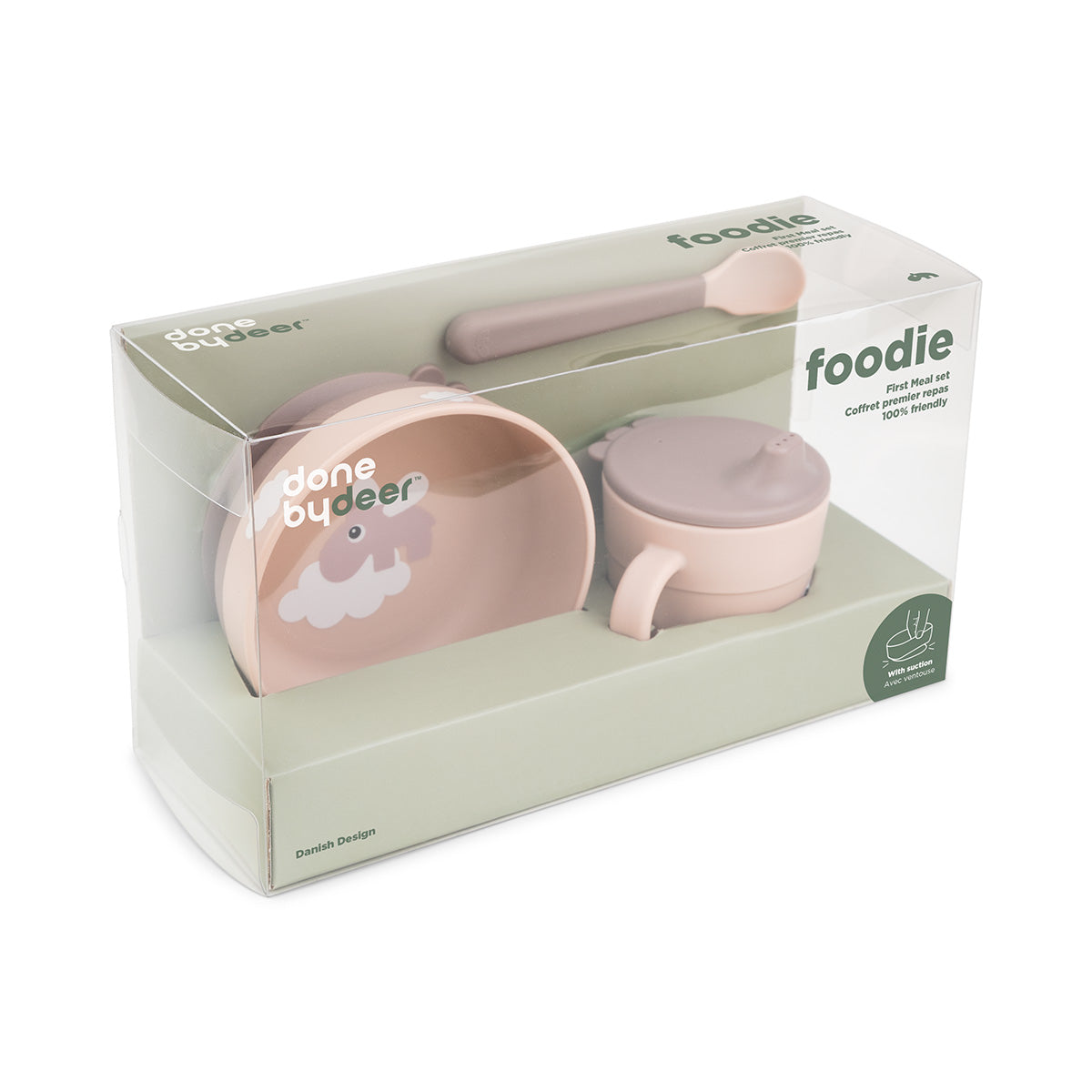 Foodie first meal Geschirr-Set m. Saugfuß - Happy clouds - Rosa