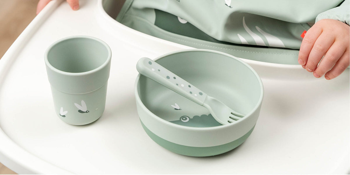 Green Done by Deer Foodie first meal dinner set with bowl, cup and fork